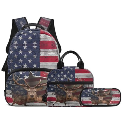 3PCS Backpack for Boys Girls Teens, 3 in 1 Flag Deer Lightweight 17 Inch School Backpack with Lunch Box Pencil Case for Middle High Students - color: Flag Deer