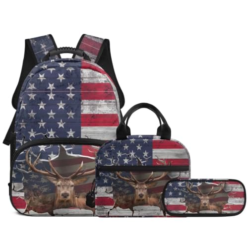 3PCS Backpack for Boys Girls Teens, 3 in 1 Flag Deer Lightweight 17 Inch School Backpack with Lunch Box Pencil Case for Middle High Students - color: Flag Deer