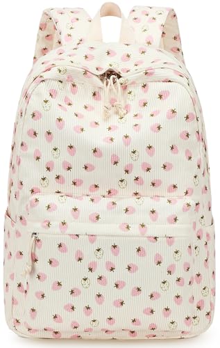 Bluboon School Backpack for Teen Girls Bookbags Elementary High School Corduroy Laptop Bags Women Travel Daypacks - color: Corduroy Beige - White Pink Strawberry