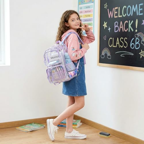Sisipoet Clear Backpack for Girls with Starry Sky Print, Heavy Duty Transparent Bookbag for School, Stadium, and Concert, Purple - color: Purple/Starry