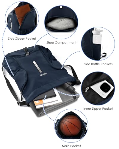 BROTOU Soccer Drawstring Backpack, Basketball Bag, Volleyball Football Bags with Ball and Shoe Compartment - color: Navy Blue