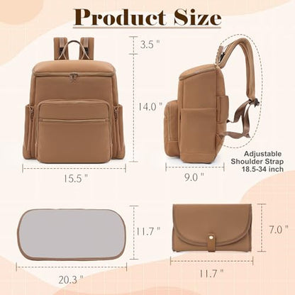 Diaper Bag Backpack, Neoprene Bag Backpack, Large Diaper Backpack with 16 Diaper Bag Organizers, 4 Insulated Pockets, Lighweight Travel Baby Bag with Changing Pad for Mom & Dad, Brown - color: Brown