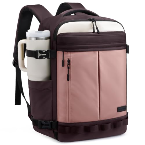 LOVEVOOK 50L Travel Backpack for Women Men, Airline Approved Carry On Luggage with 3 Cubes Accessories, TSA Personal Item Travel Cruise Essentials, Waterproof Weekender Overnight Bags fits 17" Laptop - color: Dusty Rose-coffee Brown-beige, size: 50L-4Pcs