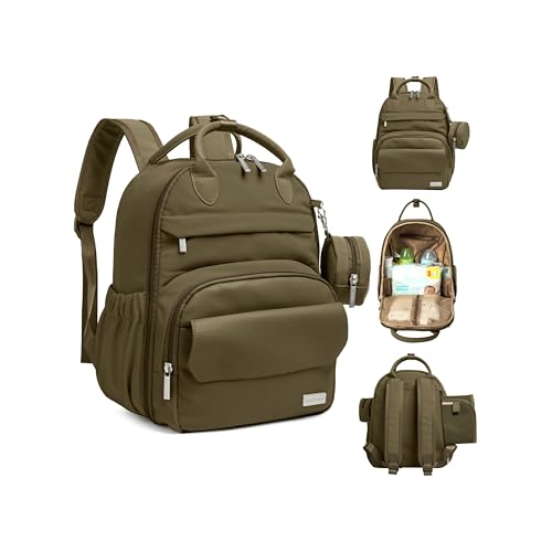 KeaBabies Diaper Bag Backpack - Small Multifunctional Travel Diaper Back Packs, Maternity Baby Changing Bags, 12L Capacity, PU Leather, Waterproof, Unisex, Nappy Changing Pad (Dark Olive, Small) - color: Dark Olive, style: Small / 13" H