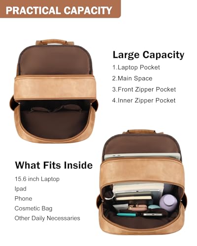MASINTOR 15.6 inch Leather Laptop Backpack Purse for Women, Designer Travel and Work Bag with Laptop Compartment Retro Camel - color: Retro Camel