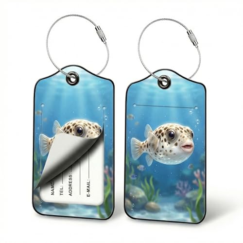 Pufferfish Luggage Tags for Suitcases, 2 Pack PU Leather Ocean Bag Tags | Privacy flap hides address card, steel wire loop fits beach totes, swim bags, cruise pouches, reef trips and sunny getaways - color: Pufferfish Design
