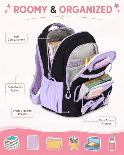 CAMTOP Girls Backpack with Lunch Box & Pencil Case Set, School Backpack for Girls with Large Water Bottle Holder Straps, Waterproof Kids Backpack, Cute Bookbag for Elementary School & Travel - color: Black Purple
