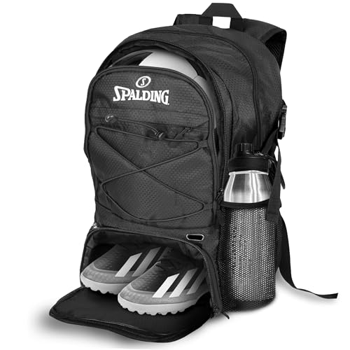 Spalding Soccer Backpack Sports Bag, Black Soccer Bag with Ball and Shoe Compartment, Use for Track Bags, Basketball Sport Ball Accessories & Stuff, Gifts for Sports Players - color: Black