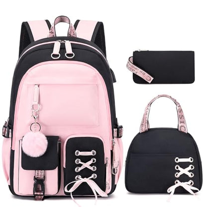 ACESAK Backpacks for Girls, Girls Backpack with Lunch Box and Pencil Case for Teen Kids Elementary Middle High School College Student, Children School Backpack Bookbag with USB Charging Port (Pink) - color: Black & Pink