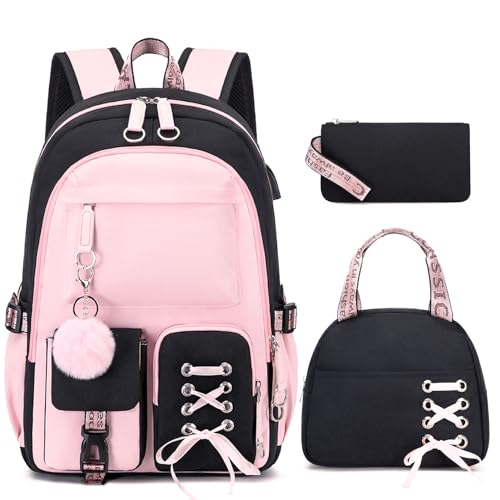 ACESAK Backpacks for Girls, Girls Backpack with Lunch Box and Pencil Case for Teen Kids Elementary Middle High School College Student, Children School Backpack Bookbag with USB Charging Port (Pink) - color: Black & Pink