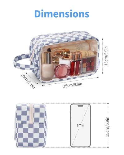 Narwey Clear Toiletry Bags for Traveling Women Men, Clear Travel Bags for Toiletries Makeup Bag Cosmetic Bag with Zipper, Make Up Organizer, Skincare Bag (Grayish Blue Checkerboard) - color: Y-Grayish Blue Checkerboard