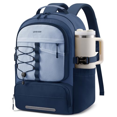 LOVEVOOK School Backpack for Teen Girls, Unique Style College Student Backpacks with Large Cup Holder, Cute Kid Bookbag with Pens Compartment, Large Capacity Back to School Backpack Fit 15.6'' Laptop - color: Navy Blue, size: Medium
