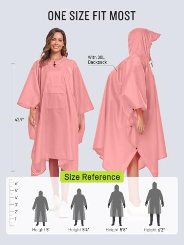 SaphiRose Extra Thick Hooded Rain Poncho Double Layer Waterproof Raincoat Jacket for Men Women Adults - color: Pink (Pause)