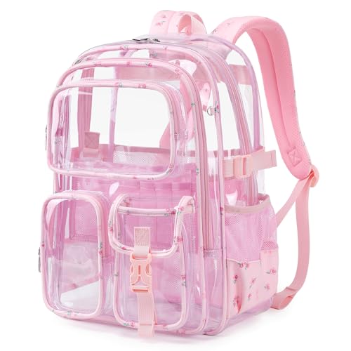 Clear Backpack for School, Heavy Duty Transparent Bookbag, See Through Backpacks for Stadium Event, Backpack for Boys, Kids Clear Bag for College Work Travel Sport Festival Security Check - color: Pink Flower