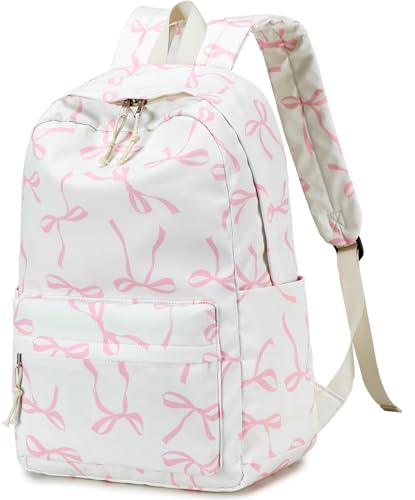 Bluboon School Backpack for Teen Girls Women Laptop Backpack College Bookbags Middle School Travel Work Commuter Back Pack - color: Pink Bow With Beige Base