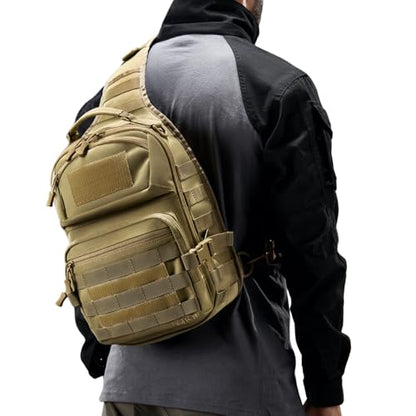 AMHEH 15L 1050D Urban Tactical Sling Bag for Men 12 Inch Laptop, Tan | MOLLE Crossbody One Strap Shoulder Backpack, Everyday Carry, Commuting, Walking, Cycling, Motorcycle Riding, Day Trip, Travel - color: Tan