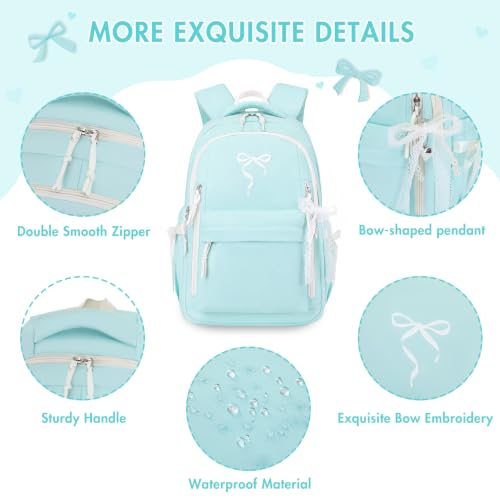 Kids Backpack for Girls - 3PCS Cute Embroidered Bow Girls Backpack with Insulated Lunch Bag & Pencil Case - Bookbag for Teen Women Middle High School College Work Travel Daypack - color: Mint