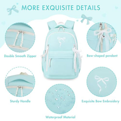 Kids Backpack for Girls - 3PCS Cute Embroidered Bow Girls Backpack with Insulated Lunch Bag & Pencil Case - Bookbag for Teen Women Middle High School College Work Travel Daypack - color: Mint