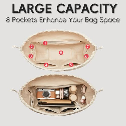 Premium Canvas Cyme Bag Organizer Insert, Purse Insert with Multiple Compartments and YKK Zipper, Upgraded Drawstring Canvas Purse Insert for Cyme Large Bag(Beige,L) - size: Canvas-L