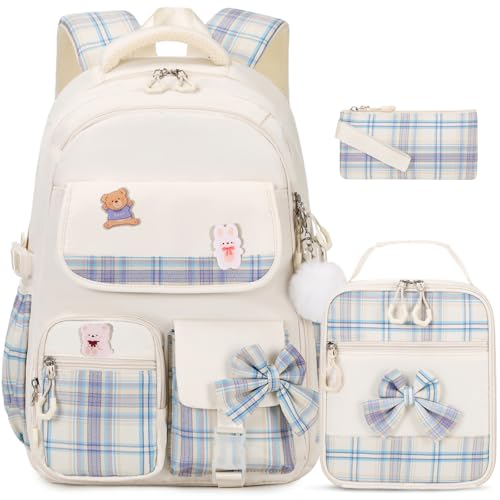 ACESAK Girls Backpack - 3PCS Backpack for Girls Cute School Backpacks for Kindergarten Elementary Preschool Middle Kids School Bags with Lunch Box Pencil Case Set (Beige) - color: Beige