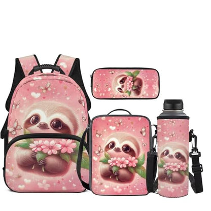 JEOCODY Cute Sloth Backpack for Girls Cherry Blossom Kids School Bag with Lunch Bag Pencil Case Water Bottle Holder,Childrens Backpack for Boys Casual Daypack for Travel Hiking Picnic - color: Cherry Blossom Sloth Printed