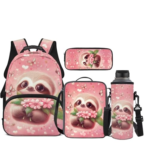 JEOCODY Cute Sloth Backpack for Girls Cherry Blossom Kids School Bag with Lunch Bag Pencil Case Water Bottle Holder,Childrens Backpack for Boys Casual Daypack for Travel Hiking Picnic - color: Cherry Blossom Sloth Printed