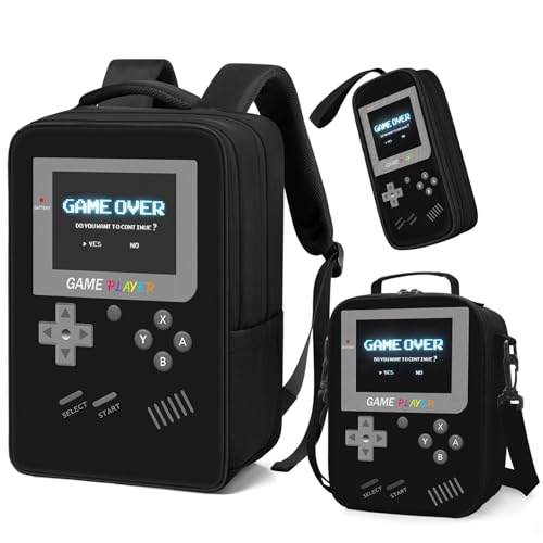 School Backpack for Boys,3pcs Gamer Boys Backpack with Lunch Box Set for Kids Children Teens Elementary Middle School,17" Large Capacity Student Bookbag & Multifunctional Video Game Travel Bag - color: Black-backpack Set