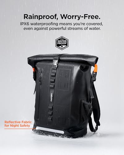 Spigen for Waterproof Backpack IPX6, 35L Roll Top Travel Rucksack Fits up to 16 Inch Laptop, Multi-Compartment Bag Ventilated Back, Chest Strap Hiking, Camping, Swimming, Canoeing, Fishing - color: Black (A650 35L)