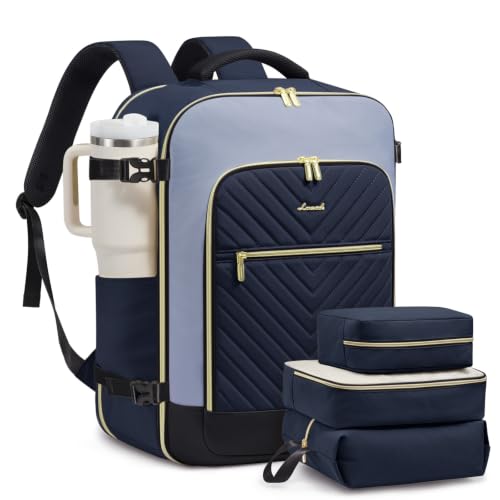 LOVEVOOK Large Travel Backpack for Women, TSA Carry on Backpack for Airplanes, 40L Personal Item Travel Bag for Women fits 17" Laptop,Waterproof Carry on Bag Airplane Approved with 3 Packing Cubes - color: Ink Blue, size: 40L-4Pcs