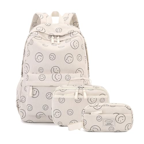 Tanweibago Backpack for Girls Boy Teen Corduroy Bookbags Elementary Middle High School Women Laptop Bag with Lunch Box Pencil Bag (Smile Beige) - color: Smile Beige