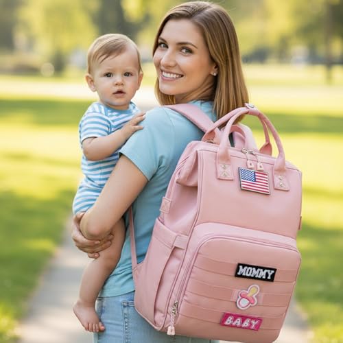 Diaper Bag Backpack for Dad and Mom with USB Charging Port Stroller Straps and Insulated Pocket,army military Travel Nappy Backpack for Daddy/Mommy (Pink) - color: Pink
