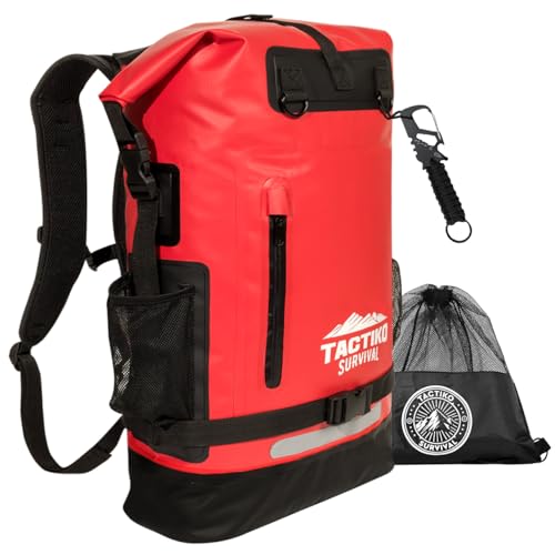 TACTIKO 35L Heavy-Duty 100% Waterproof Backpack, Roll Top Dry Bags for Kayaking, Hiking, Camping, Survival - color: Red