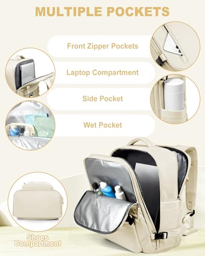VECAVE 18x14x8 TSA-Approved Personal Item Backpack – Under Seat Carry-On Travel Bag for Women, Fits 15.6" Laptop, with Water Bottle & Shoe Pouch, Airline Travel Backpack Flight approved Beige - color: H5-beige, size: Large
