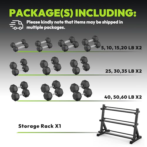 HANDBODE 3-Tier Dumbbell Rack Stand, 1000LB Capacity Storage Rack, Weight Rack for Dumbbells, Kettlebell, 390–700 lb Rubber Coated Fixed Weight Sets, Home Gym Strength Training Equipment - color: 580 lb Set (5-60 lb) *2 & Rack