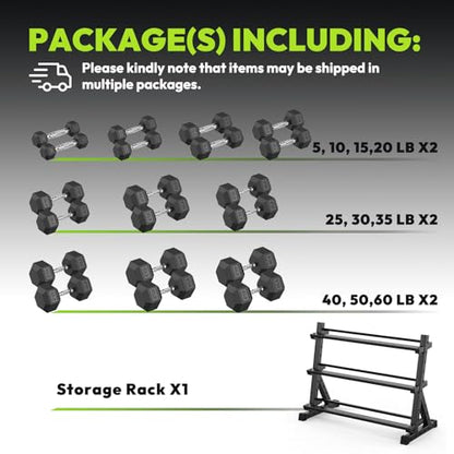 HANDBODE 3-Tier Dumbbell Rack Stand, 1000LB Capacity Storage Rack, Weight Rack for Dumbbells, Kettlebell, 390–700 lb Rubber Coated Fixed Weight Sets, Home Gym Strength Training Equipment - color: 580 lb Set (5-60 lb) *2 & Rack