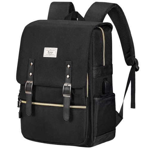 Ronyes Vintage Laptop Backpack for Women Men,15.6 inch Bookbag Casual Daypack with USB Charging Port for College Work, All Black Backpacks - color: Allblackwithusb