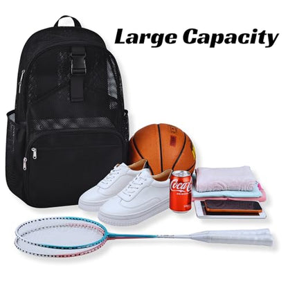 Metaverse Mesh Sports Backpack 20 Inch with Racket Holder for Men Women, Large Travel Gym Beach Backpack with Water Bottle Pockets - color: Black