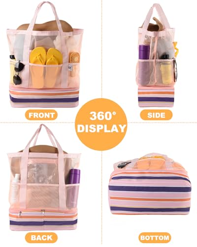 CaCTOUR Beach Bag with Cooler Compartment,Mesh Beach Bag Dry Wet Detachable with Zipper Pockets,Waterproof Sandproof Pool Bag - color: Pink