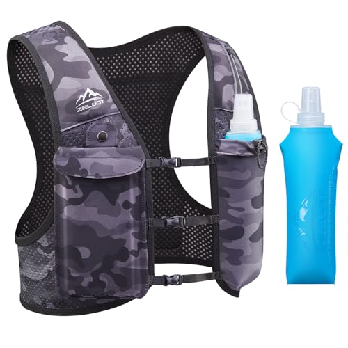 Zelvot Running Vest for Women Men, Adjustable Running Phone Holder Vest, USA Original Patent, Running Hydration Vest with 500ml Soft Flask, Reflective Running Backpack for Hiking Cycling - color: Black Camo, size: Medium-Large