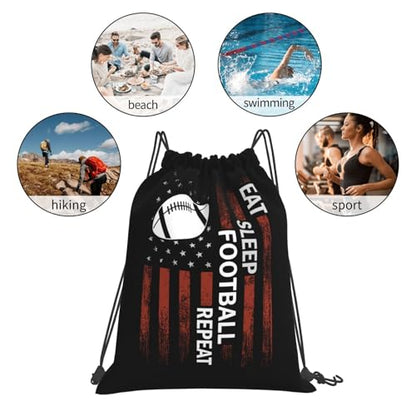 Eat Sleep Football Repeat Unisex Drawstring Backpack Bag Sport Gym Travel Swim Sackpack - color: Eat Sleep Football Repeat