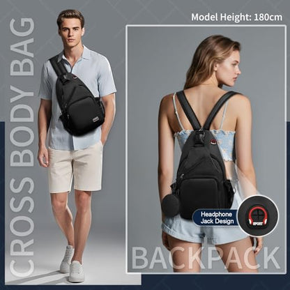 Convertible Sling Bag with Coin Pocket, 11" Tablet Crossbody Mini Backpack with Headphone Jack Casual Pack for Women Men Travel, Black - color: Black, size: Large