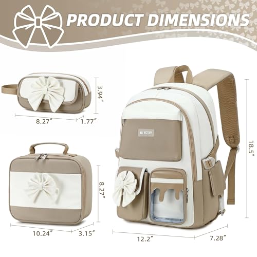 School Backpack for Girls 3PCS Nylon Kids Backpack Set with Lunch Box & Pencil Pouch, Cute Lightweight Teen Girls School Bag Laptop Bag Travel Daypack for Elementary Middle High School Beige Brown - color: Brown