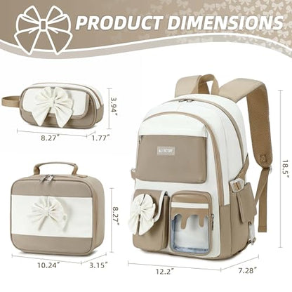 School Backpack for Girls 3PCS Nylon Kids Backpack Set with Lunch Box & Pencil Pouch, Cute Lightweight Teen Girls School Bag Laptop Bag Travel Daypack for Elementary Middle High School Beige Brown - color: Brown