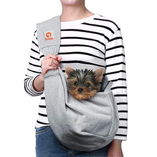 Tomkas Small Dog Cat Sling Carrier Puppy Purse Travel Wrap Soft Crossbody Pet Bag (Grey, M - Zip Pocket & Adjust Strap) - color: Grey