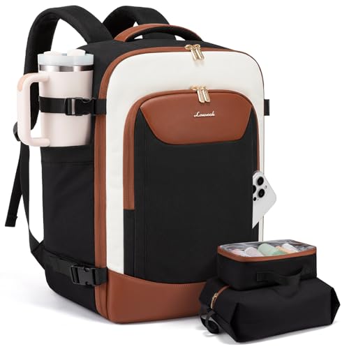 LOVEVOOK 50L Travel Backpack for Women Men, Large Carry on Backpack for Airplanes TSA Personal Item Travel Bag fits 17.3" Laptop, Waterproof Weekender Essentials Airline Approved with 2 Packing Cubes - color: Black-beige-brown, size: 50L-3Pcs