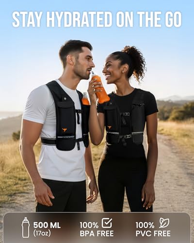 Running Vest for Women Men-Reflective Running Hydration Vest with 500ml Soft Water Bottle, Phone Holder, 2 LED Lights USB Rechargeable-7 Pockets Runners Backpack Marathon - size: X Small-Small