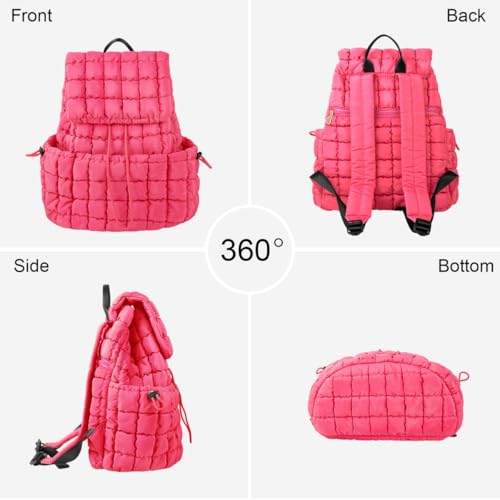XSUIOY Quilted Backpack Purse for Women Small Lightweight Puffer Puffy College Laptop Backpack Nylon Casual Bookbag Daypack Top Flap Drawstring Padding Hiker Travel Gym Backpack(Rosered) - color: Rosered