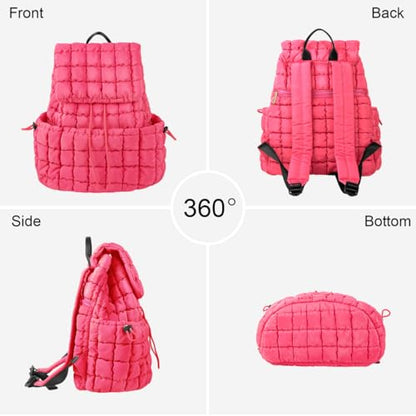 XSUIOY Quilted Backpack Purse for Women Small Lightweight Puffer Puffy College Laptop Backpack Nylon Casual Bookbag Daypack Top Flap Drawstring Padding Hiker Travel Gym Backpack(Rosered) - color: Rosered