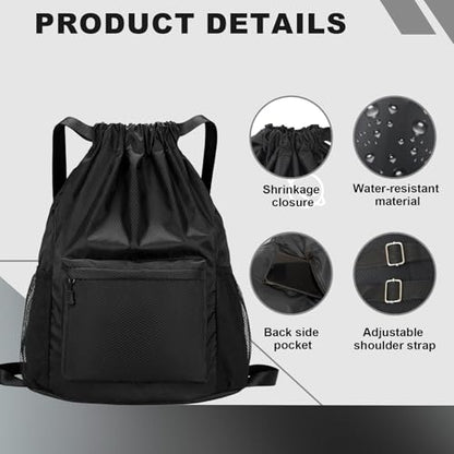 Tygelluis Drawstring Backpack, Waterproof Gym Bag with Water Bottle Pocket for Women Men, Pull String Sport Bag for Swim, Soccer and Basketball,Black - color: Black1