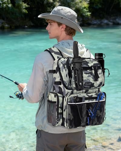 HXLGMD Fishing Backpack with Rod Holders, 43L Large Water Resistant Tackle Bag Storage Gear and Equipment with Cooler for Men Fishing, Camping, Hiking, Grey - color: Grey Camo